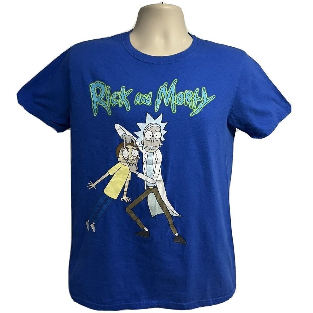Rick and Morty Cartoon Mens Blue Graphic T-Shirt Large Adult Swim Stretch Cotton